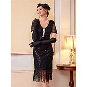 cheap 1920s Dresses-Roaring 20s 1920s Knee Length Flapper Dress Short Sleeves The Great Gatsby Sequins Fringe V Neck Fancy Dress Women's Christmas Carnival speakeasy Masquerade Retro Theme Party Adults' Dress