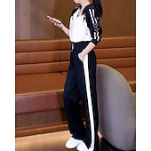 رخيصةأون بدلات رياضية-نسائي سويت شيرت بسحاب بنطلون واسع الساق بدلة رياضية من قطعتين رباط ألوان متناوبة أطقم ملابس رياضية الخريف أسود أبيض المشي لمسافات طويلة مهنة ركض كم طويل رياضة ألبسة رياضية مرن نسبياً عادي