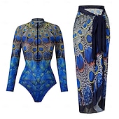 abordables Maillots de bain une pièce-Maillot de bain femme une pièce amincissant avec jupe boho monokini jupe contrôle du ventre taille haute slim sans dos vêtements de plage de vacances graphique colorblock col rond manches longues