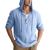 cheap Men's Popover Shirts-Men's Shirt Popover Shirt Summer Shirt Casual Shirt Beach Shirt Black White Yellow Navy Blue khaki Long Sleeve Solid Color Hooded Vacation Casual Drawstring Clothing Apparel Fashion Casual Comfortable