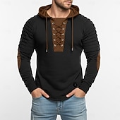 abordables t-shirts de base-Hommes T-shirt Chemise à Manches Longues Chemises pour hommes avec coudières manche longue À capuche Toutes saisons Bloc de Couleur Slim Plissé Mode Designer Basique À lacets Patchwork Occasionnel