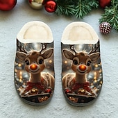 baratos Sapatos de Natal Femininos-Pantufas femininas de Natal com estampa de rena - pantufas macias de pelúcia para uso interno no inverno, com um adorável desenho de rena, calçado quente de lã para a temporada de festas e ótimos