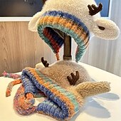 billige oppvarming og kjøling-heklet vinterlue med fleecefor og reinsdyrgevir for dame &amp;ører, myk varm skilue, fargerik flerfarget reinsdyrlue, myk fleeceforet heklet lue for barn og voksne, morsomt ferietilbehør