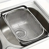 abordables Utensilios para frutas y verduras-Cesta plegable y extensible de acero inoxidable para fregadero con mango telescópico: escurridor de platos compacto y resistente de acero inoxidable 304, ideal para almacenar frutas, arroz y pasta.