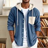 preiswerte Freizeithemden für Herren-Herren Hemd Freizeithemd Cordhemd Knopfhemd Kapuzenhemd Blau Schwarz Grün Langarm Einfarbig Mit Kapuze Lässig Täglich Tasche Bekleidung Mode Modern Lässig