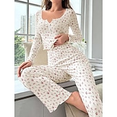 billige Søvnoverdeler og -nederdeler for kvinner-Dame Pyjamas Sett Fritid Komfort Blomstret Elastisk midje Bukse Hjem Daglig Langermet U-hals Hvit Gul Rosa Lilla Vår Høst Normal