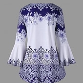 Χαμηλού Κόστους Boho Τοπς-Γυναικεία Μπλούζα Στάμπα Γραφική Βίντατζ Καθημερινά Στυλάτο Μακρυμάνικο Καμπάνα Στρογγυλή Ψηλή Λαιμόκοψη Κανονικά μπλουζάκια Καθημερινά Αργίες Εξόδου Θαλασσί Μαύρο Καλοκαίρι Άνοιξη