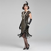 preiswerte 1920er Kleider-Set Goldene Zwanziger 1920er Knielang Kleid Flapper Kleid Outfits mit Zubehör Cap-Ärmel Der große Gatsby Hochzeitsgast Quastenfransen V Ausschnitt Rundausschnitt Kostüm Damen Karneval Maskerade