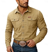 Недорогие Мужские рабочие рубашки-Муж. Западная рубашка Рубашка-карго Ковбойская рубашка Хаки Военно-зеленный Длинный рукав Сплошной цвет Полотняное плетение Отложной Для занятий спортом Повседневные Карман Одежда