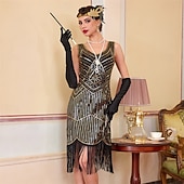 baratos Vestidos dos anos 1920-Roaring 20s 1920s Knee Length Flapper Dress Sleeveless The Great Gatsby Sequins Fringe V Neck Fancy Dress Women's Christmas Carnival speakeasy Masquerade Retro Theme Party Adults' Dress