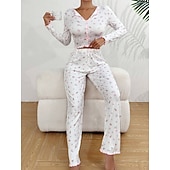 preiswerte Damen Schlafoberteile und -unterteile-Damen Schlafanzug Set Lässig Komfort Blumen Elastischer Bund Hose Heim Täglich Langarm V Ausschnitt Blau Schwarz Weiß Rosa Frühling Herbst Normale Passform