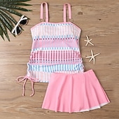 Χαμηλού Κόστους Τανκίνι-Γυναικεία Μαγιό 2 κομμάτι Φούστα Μαγιό Εξώπλατο Διακοπές Ρούχα παραλίας Ριγέ Στρογγυλή Λαιμόκοψη Αμάνικο Μαγιό