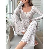 billige Søvnoverdeler og -nederdeler for kvinner-Dame Pyjamas Sett Fritid Komfort Blomstret Elastisk midje Bukse Hjem Daglig Langermet U-hals Hvit Gul Rosa Lilla Vår Høst Normal