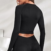 baratos Yoga Tops-Mulheres Camisetas Compressão Camada de base Tops de ioga Gola Redonda Compressão abdominal Manga Longa Esportes Côr Sólida Blusas Para Esportivo Pilates Roupas Esportivas