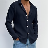 baratos Camisas casuais inteligentes masculinas-Homens Camisa Social Malha canelada Camisa casual Camisa de colarinho de banda camisa de botão Branco Azul Royal Cinzento Azul Claro Manga Longa Tecido Colarinho Casual Diário Roupa Moda Moderno