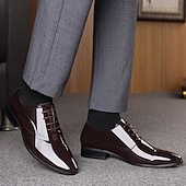 baratos Sapatos Oxford-Sapatos sociais masculinos de verniz marrom escuro com cadarço - calçado formal elegante para reuniões de negócios e eventos sofisticados.
