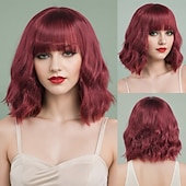baratos Perucas de festa-Perucas sintéticas Ondulado Trama Curly Corte Assimétrico Franja Lisa Fabrico à Máquina Peruca 14 polegadas Vermelho Vinho Cabelo Sintético Mulheres Clássico Confortável Requintado Vinho
