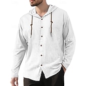 economico Camicie di lino-Per uomo Camicia Camicia di lino Camicia Estiva Camicia da Spiaggia Semplice Vacanza Casuale Nero Bianco Blu marino Cachi Manica Lunga Con Cappuccio Primavera Autunno Abbigliamento Coulisse