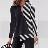 abordables Trajes de blusa para mujer-Mujer Conjuntos de pantalones parte superior del bolero Manga Larga Escote en Pico A Rayas Moda Ropa de calle Casual Diario Exterior Negro Primavera Holgado