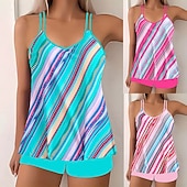 Χαμηλού Κόστους Τανκίνι-Γυναικεία Μαγιό 2 κομμάτι Σορτσάκια Μαγιό Εξώπλατο Διακοπές Ρούχα παραλίας Ριγέ Στρογγυλή Λαιμόκοψη Αμάνικο Μαγιό