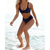 billige Surfing Tankinis og Bikinier-Dame Badedrakt med rynker Bikinisett Badetøy Ensfarget Badetøy Mørkeblå Pustende Ermeløs - Surfing Strand Svømming Sommer