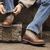 abordables Bottes de randonnée-Bottes de randonnée pour hommes en similicuir marron et toile - modèle à lacets résistant et confortable avec semelle robuste, idéales pour les activités de plein air, la randonnée et les excursions d&#039;une journée.