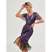 preiswerte 1920er Kleider-Goldene Zwanziger 1920er Knielang Flapper Kleid Kurze Ärmel Der große Gatsby Flapper-Mädchen Pailletten Fransen V Ausschnitt Kostüm Damen Weihnachten Karneval Abendgesellschaft Flüsterkneipe Maskerade