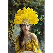 preiswerte Zubehör-Karneval 2026 Rio Karneval Samba Accessoires Karneval Federkopfschmuck für Damen - Gelbes Pailletten Kostümkopfteil - Mardi Gras Festival Schau-Mädchen Haar Zubehör Brasilien Festival