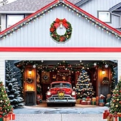 זול כיסויי דלתות מוסך חג המולד-כיסוי לדלת מוסך לחג המולד, בית סנטה קלאוס, רקע תלייה גדול, 2 מכוניות, קישוט מסיבת חג חיצוני, הדפס שטוח דו-ממדי, באנר קיר חגיגי, חצר בית, רקע סצנת חג המולד, 7*8 רגל