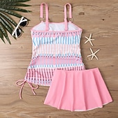 Χαμηλού Κόστους Τανκίνι-Γυναικεία Μαγιό 2 κομμάτι Φούστα Μαγιό Εξώπλατο Διακοπές Ρούχα παραλίας Ριγέ Στρογγυλή Λαιμόκοψη Αμάνικο Μαγιό