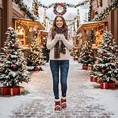 baratos Sapatos de Natal Femininos-Botas femininas natalinas quentinhas com forro de pele e estampa fofa de Papai Noel com gatinho – estilo aconchegante de inverno, sola leve antiderrapante, perfeitas para festas de fim de ano, passeios ao ar livre, uso casual e para presentear no Natal.