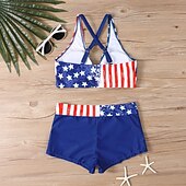 preiswerte Tankinis-Damen Badeanzug Zweiteilig Slips Bademode Rückenfrei Urlaub Strandbekleidung Flagge V Ausschnitt Ärmellos Badeanzüge