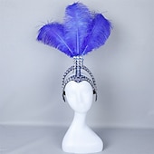abordables Accesorios-Carnaval 2026 Accesorios Samba del Carnaval de Río Diadema de Showgirl de Plumas de Avestruz Blanca - Diadema de Cristales y Piedras - Accesorio de Vestuario Burlesque Gatsby para Festival de Brasil