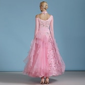 economico Abbigliamento da Competizione-abito da ballo da sala da donna elegante rosa con paillettes e decorazioni floreali, spalle scoperte, abito da competizione per valzer, tango, rumba moderna