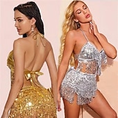 preiswerte Oberteile &amp; Sets-Samba Tanzmode Damen Strahlendes Silber Pailletten Fransen 2 Stück Set - Halter Crop Top  Rock Outfit  Rave Partysl Performance Kostüm
