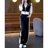 رخيصةأون بدلات رياضية-نسائي سويت شيرت بسحاب بنطلون واسع الساق بدلة رياضية من قطعتين رباط ألوان متناوبة أطقم ملابس رياضية الخريف أسود أبيض المشي لمسافات طويلة مهنة ركض كم طويل رياضة ألبسة رياضية مرن نسبياً عادي