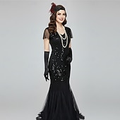 Χαμηλού Κόστους Φορέματα της δεκαετίας του 1920-Σετ Δροσμός 20ετών 1920 Μακρύ Φορέματα Τουαλέτα Σύνολα με αξεσουάρ Κοντά μανίκια Το Great Gatsby Καλεσμένος γάμου Πούλιες Λαιμόκοψη V Φανταχτερή Φόρεμα Γυναικεία