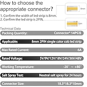 abordables Accesorios LED-Kit de conectores SMD FCOB/COB de 8 mm y 10 mm (0,31 pulgadas) para bricolaje: 14 conectores transparentes y 5 cables de extensión de 15 cm de longitud y calibre 20 AWG para conexiones de esquina en