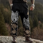 preiswerte Bedruckte Freizeithosen für Herren-Herren Wolf Wikinger Keltische Kunst Hosen Hose Freizeithose Mittlere Taille Kordelzug Elastischer Bund Vintage-Retro Outdoor Campen und Wandern Jagd Gerade Hosen Frühling Herbst 3D-Druck Schwarz