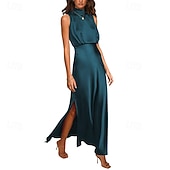 baratos Vestido Simples-Mulheres Vestido Longo Vestido Maxi vestido de cetim Vestido de formatura Vestido de festa Elegante Moderno Festa de Noite Festa Ocasião Especial Normal Tecido Sem Manga Colarinho Chinês água azul