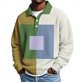 abordables Polo à blocs de couleurs pour hommes-Homme Bloc de Couleur Géométrique Chemises Polo Gaufre Texturé manche longue Polos Revers Occasionnel Athleisure Tenue quotidienne Impression 3D Printemps Automne Hiver bleu marine Bleu Ciel Vert