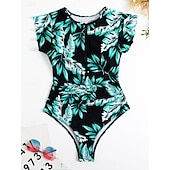 levne Jednodílné plavky-Dámské jedndílné plavky zeštíhlující zip přední palm monokini kontrola břicha vysoký pas slim dovolená plážové oblečení květinové listy kulatý výstřih krátké rukávy plavky