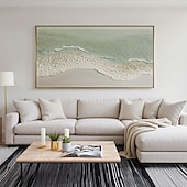 cheap Landscape Paintings-Hand painted Green Texture Sea oil painting handmade Wall Art Large Green Coastal Painting White Ocean Waves 3D Plaster Painting Minimalist Beach oil painting Wall Art painting Living Room Wall Art