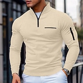 cheap Men's Classic Polo-Men's Waffle Polo Shirts Textured Sports &amp; Outdoor Daily Wear Quarter Zip Long Sleeve Fashion Comfortable Color Block Zip Up Pocket Spring &amp;  Fall Cross-Seasons Regular Fit Black White Navy Blue