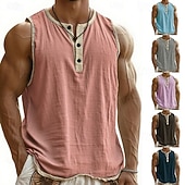 cheap Tank Tops-Men's Tank Top Vest Top Undershirt Sleeveless Shirt Sleeveless Henley Summer Plain Fashion Designer Basic Buttons Vacation Street Going out Black Pink Navy Blue Top Tee for Men