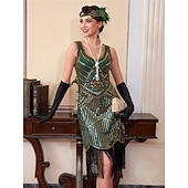 baratos Vestidos dos anos 1920-Roaring 20s 1920s Knee Length Flapper Dress Sleeveless The Great Gatsby Sequins Fringe V Neck Fancy Dress Women's Christmas Carnival speakeasy Masquerade Retro Theme Party Adults' Dress