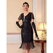 cheap 1920s Dresses-Roaring 20s 1920s Knee Length Flapper Dress Short Sleeves The Great Gatsby Sequins Fringe V Neck Fancy Dress Women's Christmas Carnival speakeasy Masquerade Retro Theme Party Adults' Dress