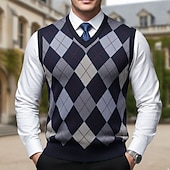 baratos colete de camisolas masculinas-Homens Suéter Colete de moletom Suéteres sociais masculinos Pulôver Estriado Tricotar Tricotado Xadrez Decote V à moda Casual Roupa Diária Férias Roupa Primavera &amp; Outono Camelo Vinho M L XL