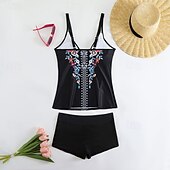 Недорогие Танкини-Жен. Купальники 2 шт. Шорты купальник Открытая спина Отпуск Одежда для пляжа Цветочный принт Графика V-образный вырез Без рукавов Купальники