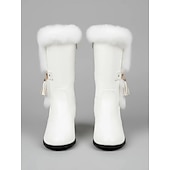Χαμηλού Κόστους Χερευτές και χειμερινές μπότες-γυναικείες μπότες στη μέση της γάμπας με διακοσμημένο με γούνα από λευκό δέρμα με φερμουάρ στο πλάι, γούρι με φούντα και μπλοκ τακούνι για χειμερινή μόδα και εξωτερική χρήση